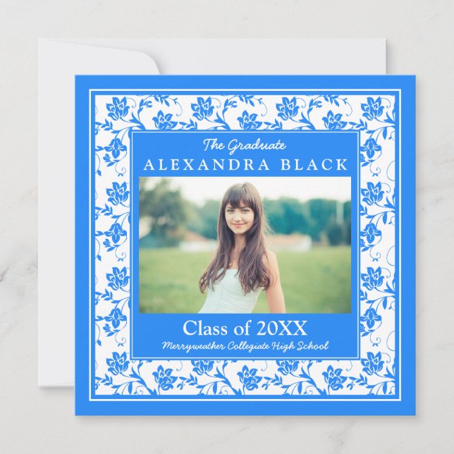 Invitación Graduación de fotografía floral Cornflower Blue Da (Anverso)
