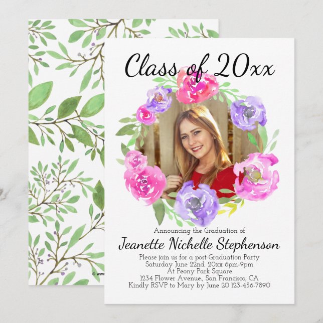 Invitación Graduación de fotografía floral de color acuático  (Anverso / Reverso)