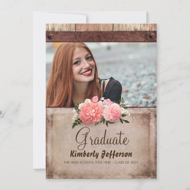 Invitación Graduación de fotografía floral de madera rústica  (Anverso)