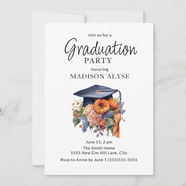 Invitación Graduación de fotografía floral de Naranja de la c (Anverso)