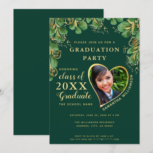 Invitación Graduación de fotografía floral de oro verde esmer (Anverso / Reverso)