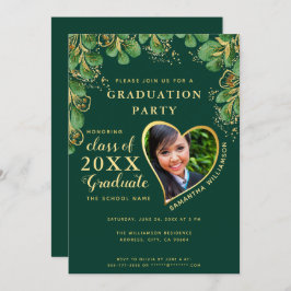 Invitación Graduación de fotografía floral de oro verde esmer