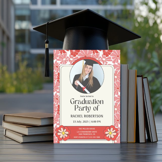 Invitación Graduación de fotografía floral Hippie Retro Groov (Groovy graduation retro invitation)
