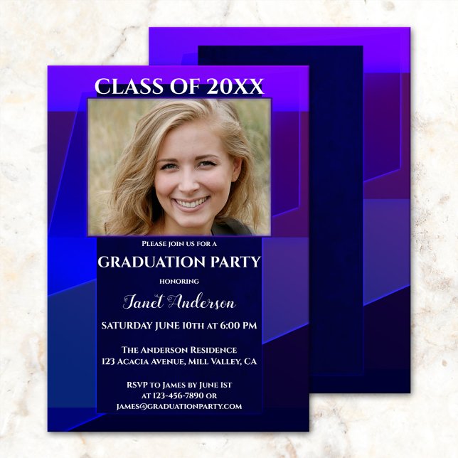 Invitación Graduación de fotografía geométrica de neón azul p (Subido por el creador)