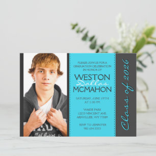 Invitación Graduación de fotografía gris Aqua Blue & Pinstrip