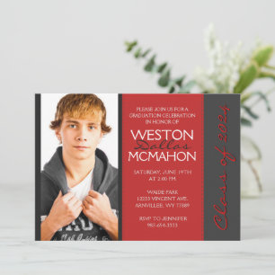 Invitación Graduación de fotografía gris profunda y roja