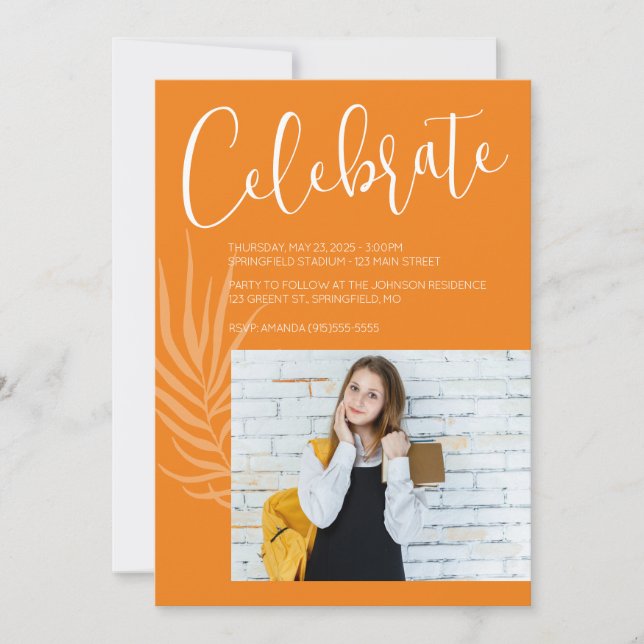 Invitación Graduación de fotografía naranja (Anverso)