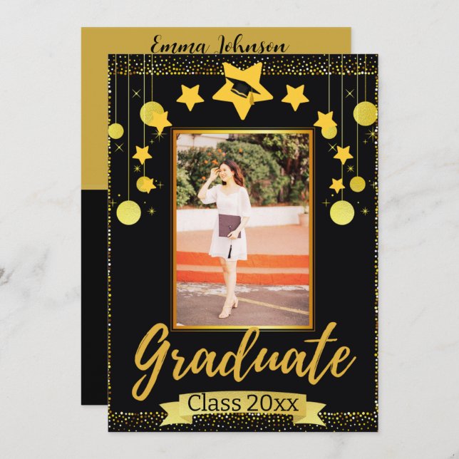 Invitación Graduación de fotografía vertical con caligrafía d (Anverso / Reverso)