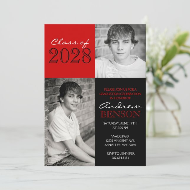 Invitación Graduación de fotografías Black and Red Classic 2 (Anverso de pie)