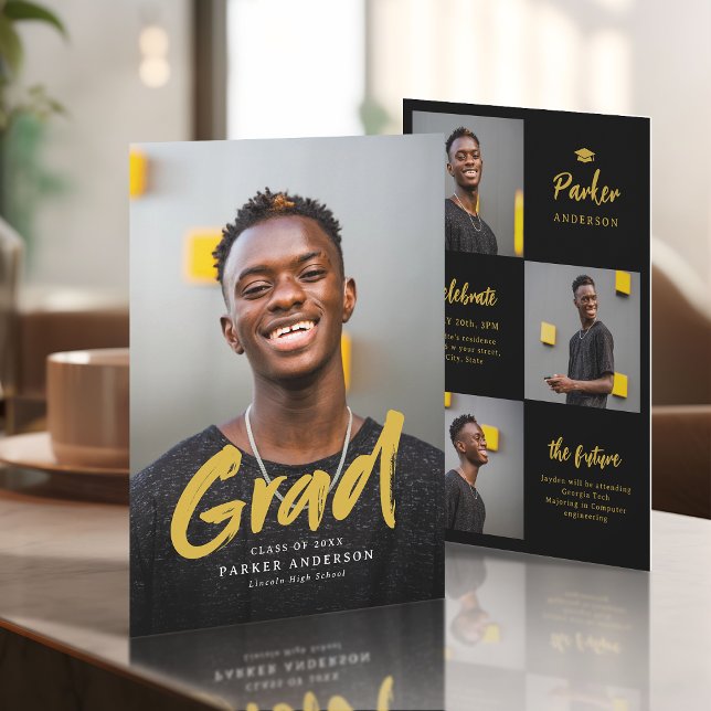 Invitación Graduación de fotografías de escritura moderna en  (Black & Gold Modern Script Photo Graduation Invitation)