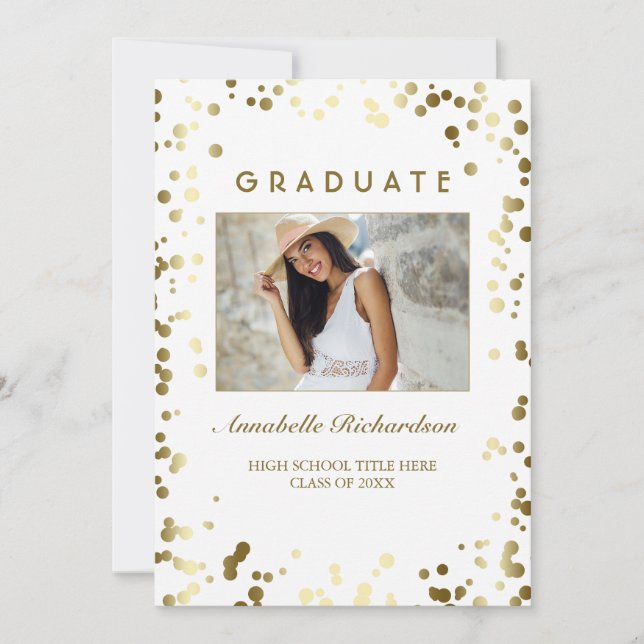 Invitación Graduación de fotografías de oro con puntos de con (Anverso)