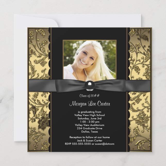 Invitación Graduación de fotografías en negro y oro (Anverso)