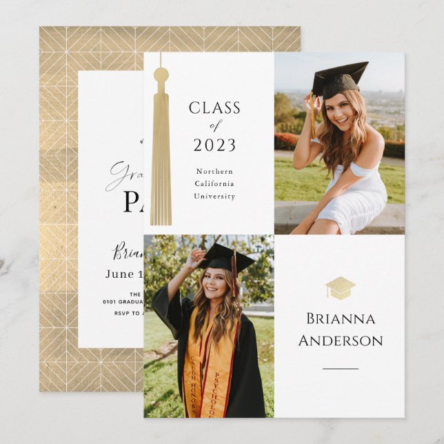 Invitación Graduación de fotografías Gold Tassel y Cap 2 (Anverso / Reverso)