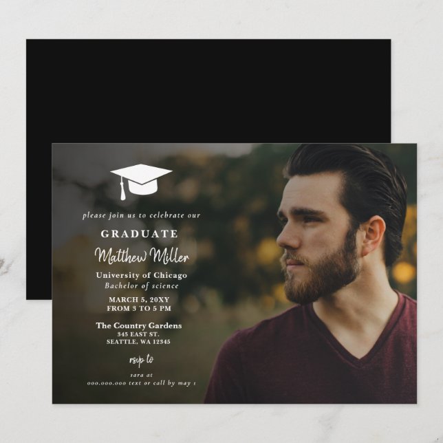 Invitación Graduación de fotos con clase simple de Gorra de g (Anverso / Reverso)