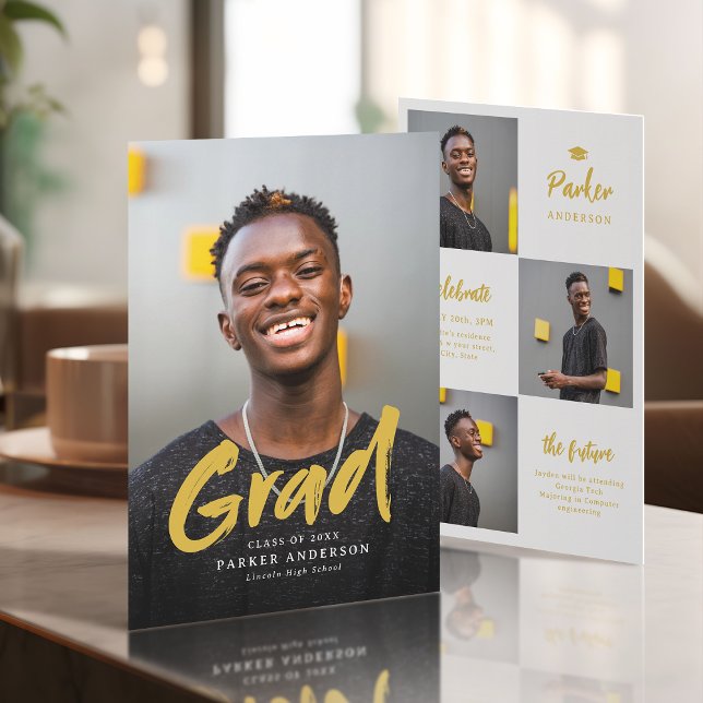 Invitación Graduación de fotos con guión de pincel moderno de (Gold Modern Brush Script Photo Graduation Invitation)