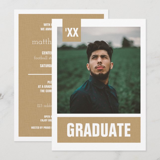 Invitación Graduación de fotos con textura moderna de oro (Anverso / Reverso)