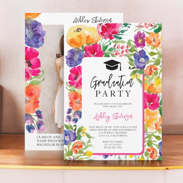 Invitación Graduación de fotos de acuarela floral de jardín (Garden floral watercolor photo graduation invitation)