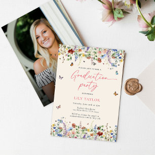Invitación Graduación de fotos de Boho Wildflowers y Butterfl