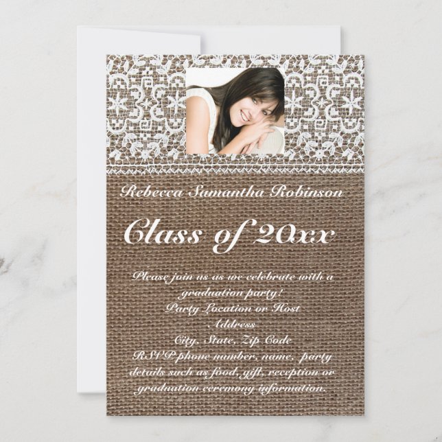 Invitación Graduación de fotos de Burlap y Lace (Anverso)