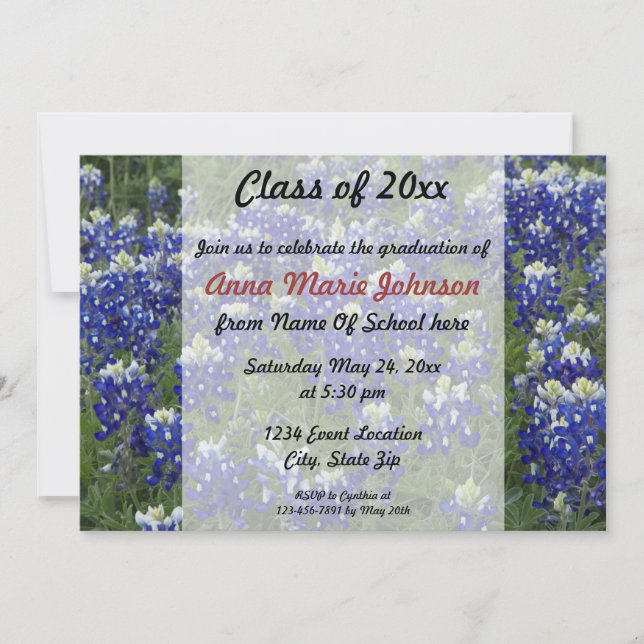 Invitación Graduación de fotos de campo de Texas Bluebonnets (Anverso)