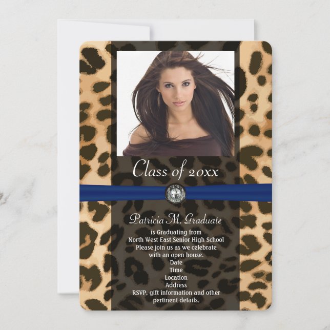 Invitación Graduación de fotos de cinta azul Leopard (Anverso)