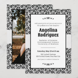 Invitación Graduación de fotos de damasco de flores negras
