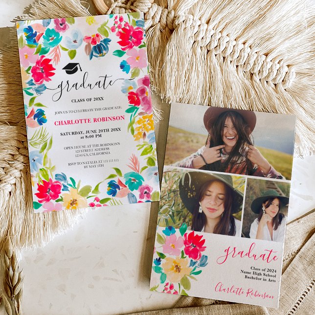 Invitación graduación de fotos de flores de azul rojo bohemio (bohemian red blue floral photo graduation invitation)