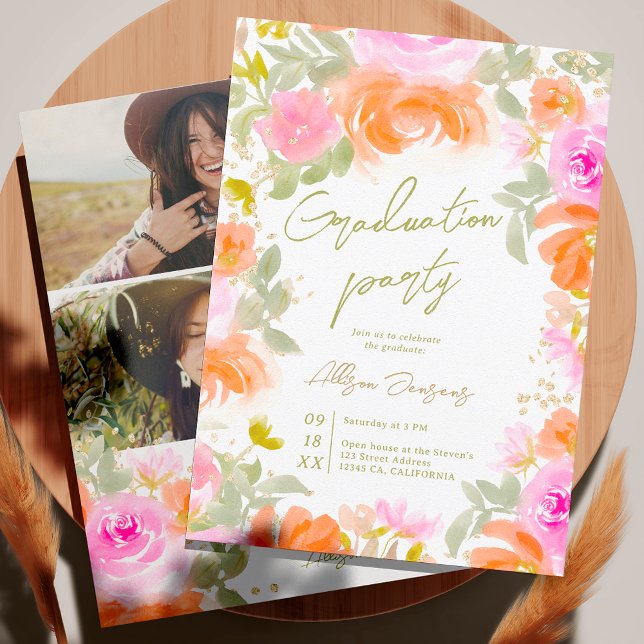 Invitación Graduación de fotos de flores silvestres del naran (Garden orange wild flowers photo graduation invitation)