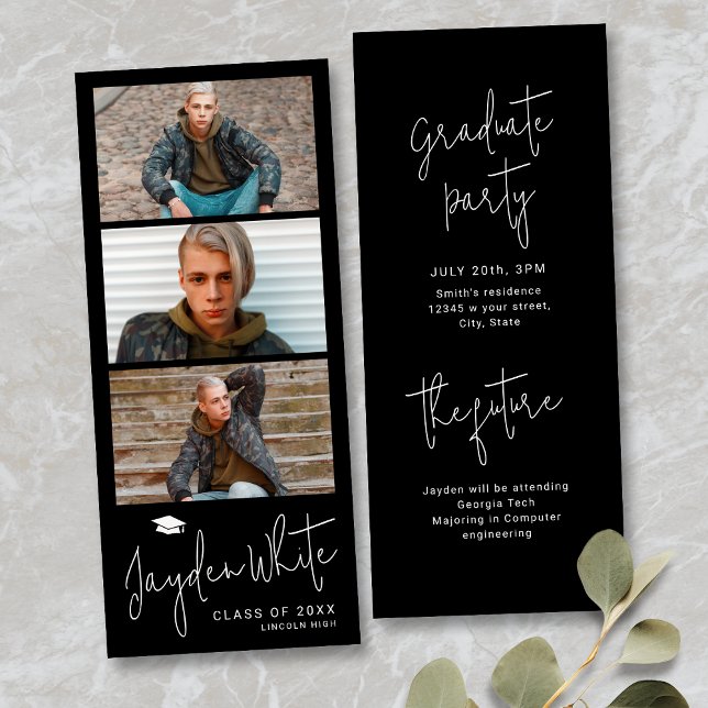 Invitación Graduación de fotos de guión moderno simple negro  (Black Simple Modern Script 3 Photo Graduation Invitation)