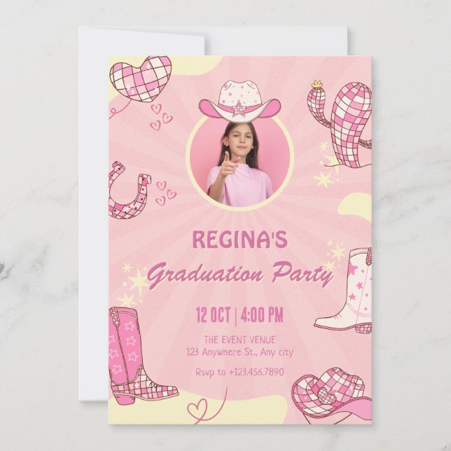 Invitación Graduación de fotos de la discoteca de cowgirl ros (Anverso)