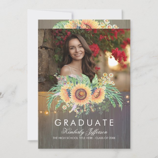 Invitación Graduación de fotos de madera rústica de girasoles (Anverso)