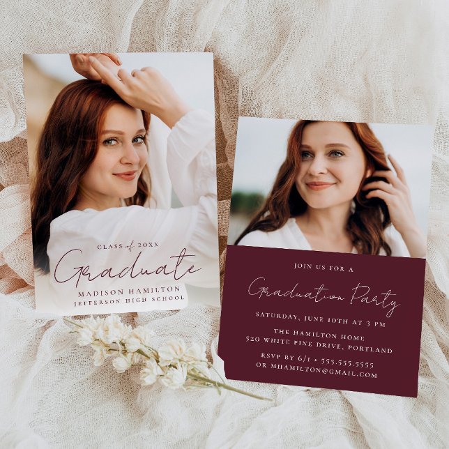 Invitación Graduación de fotos de manuscritos maroon modernos (Subido por el creador)