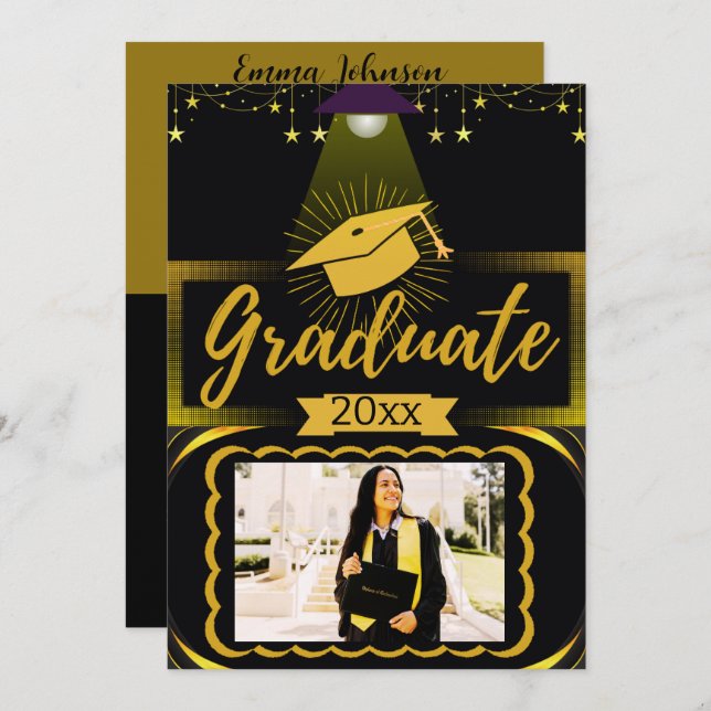 Invitación Graduación de fotos de marco horizontal dorado y n (Anverso / Reverso)