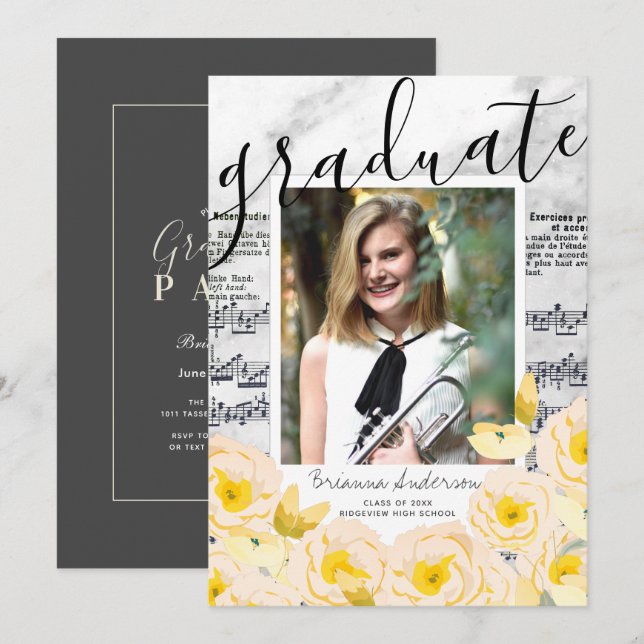 Invitación Graduación de fotos de mármol floral de la música  (Anverso / Reverso)
