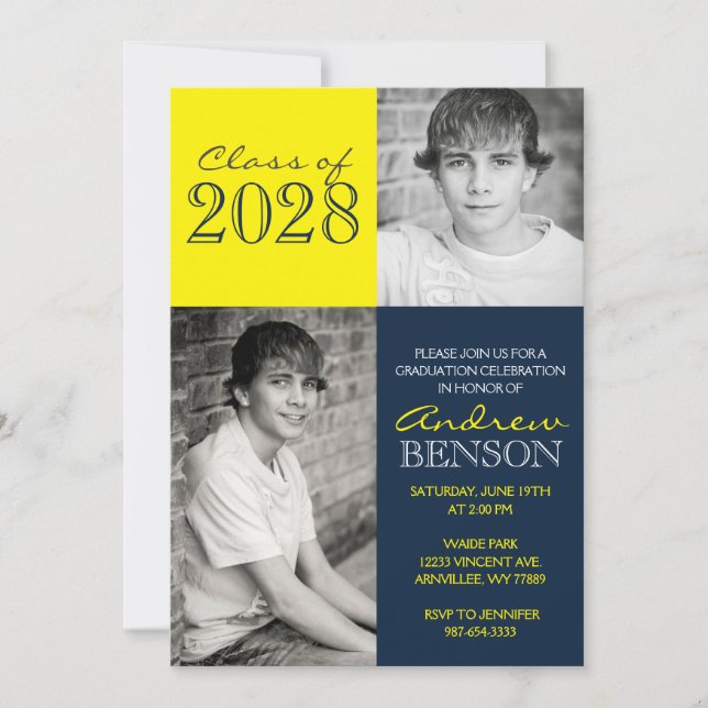 Invitación Graduación de fotos de Navy Blue y Yellow Classic  (Anverso)