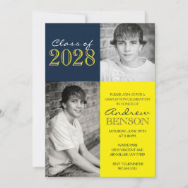 Invitación Graduación de fotos de Navy Blue y Yellow Classic