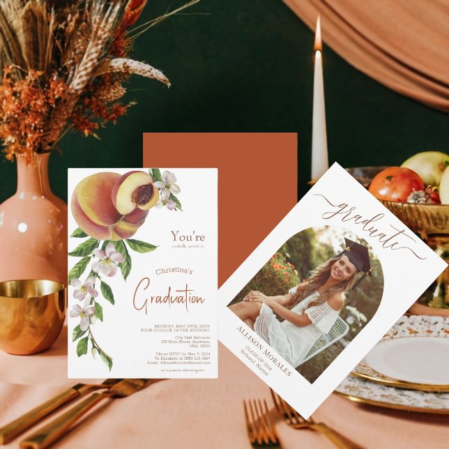 Invitación Graduación de fotos de patatas florales de cítrico (Create a Unique Graduation Invitation with Citrus Fruits and Floral Design!)