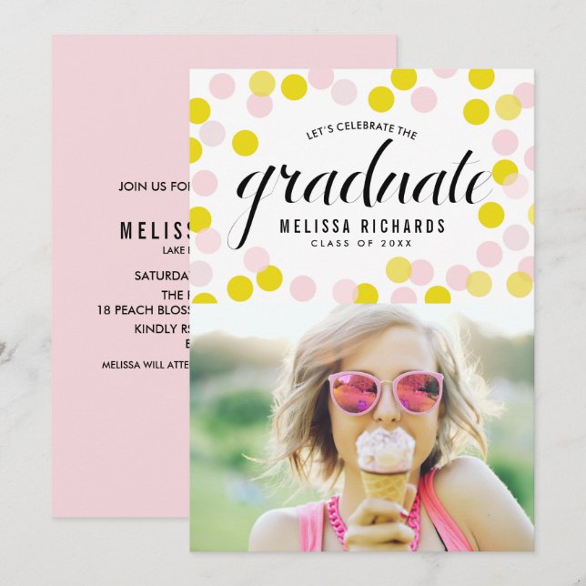 Invitación Graduación de fotos de puntos de confetti rosa y a (Anverso / Reverso)