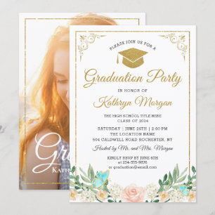 Invitación Graduación de fotos de Purpurina de oro floral de 
