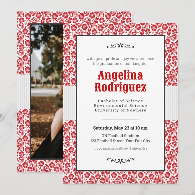 Invitación Graduación de fotos de Raider Red Floral Damask (Anverso / Reverso)