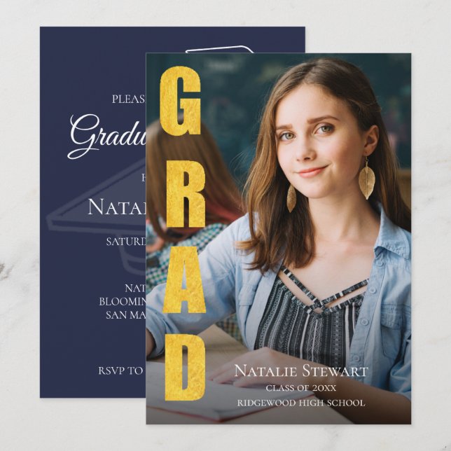 Invitación Graduación de fotos de Relieve metalizado dorado F (Anverso / Reverso)