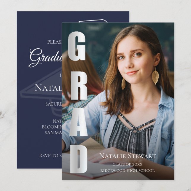 Invitación Graduación de fotos de Relieve metalizado plateado (Anverso / Reverso)