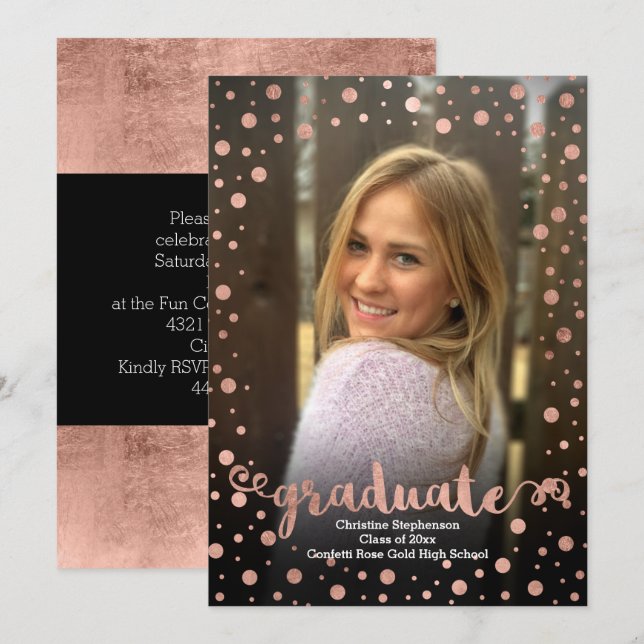 Invitación Graduación de fotos de Rosa Gold Confetti (Anverso / Reverso)