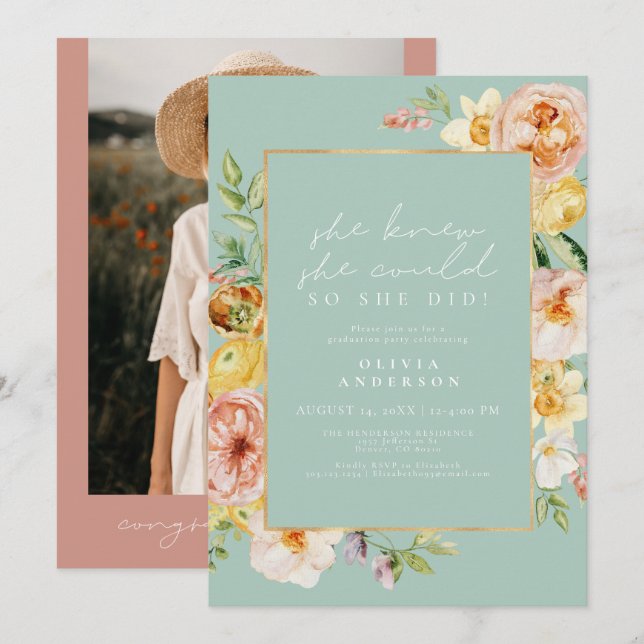 Invitación Graduación de fotos de Rubor Floral Mint Garden (Anverso / Reverso)