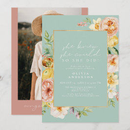 Invitación Graduación de fotos de Rubor Floral Mint Garden