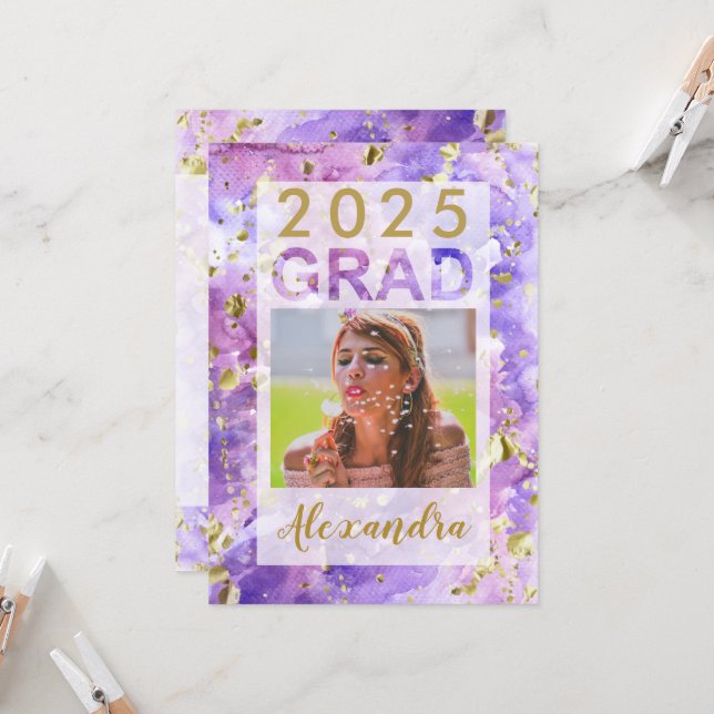 Invitación Graduación de fotos del Purple Gold Watercolor Art (Anverso/Reverso In Situ)