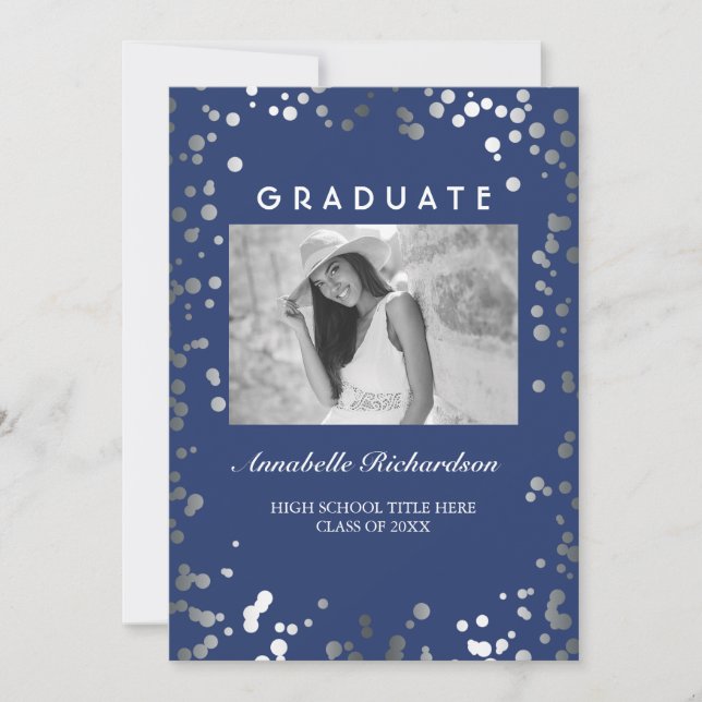 Invitación Graduación de fotos elegante azul de la Marina Con (Anverso)