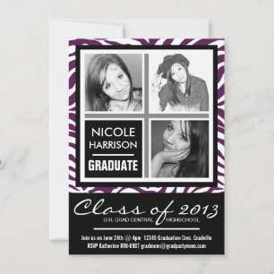 Invitación Graduación de fotos en color morado de cebra 3 en