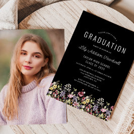 Invitación Graduación de fotos en negro de Boho Wildflowers