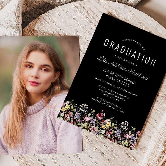 Invitación Graduación de fotos en negro de Boho Wildflowers (Subido por el creador)